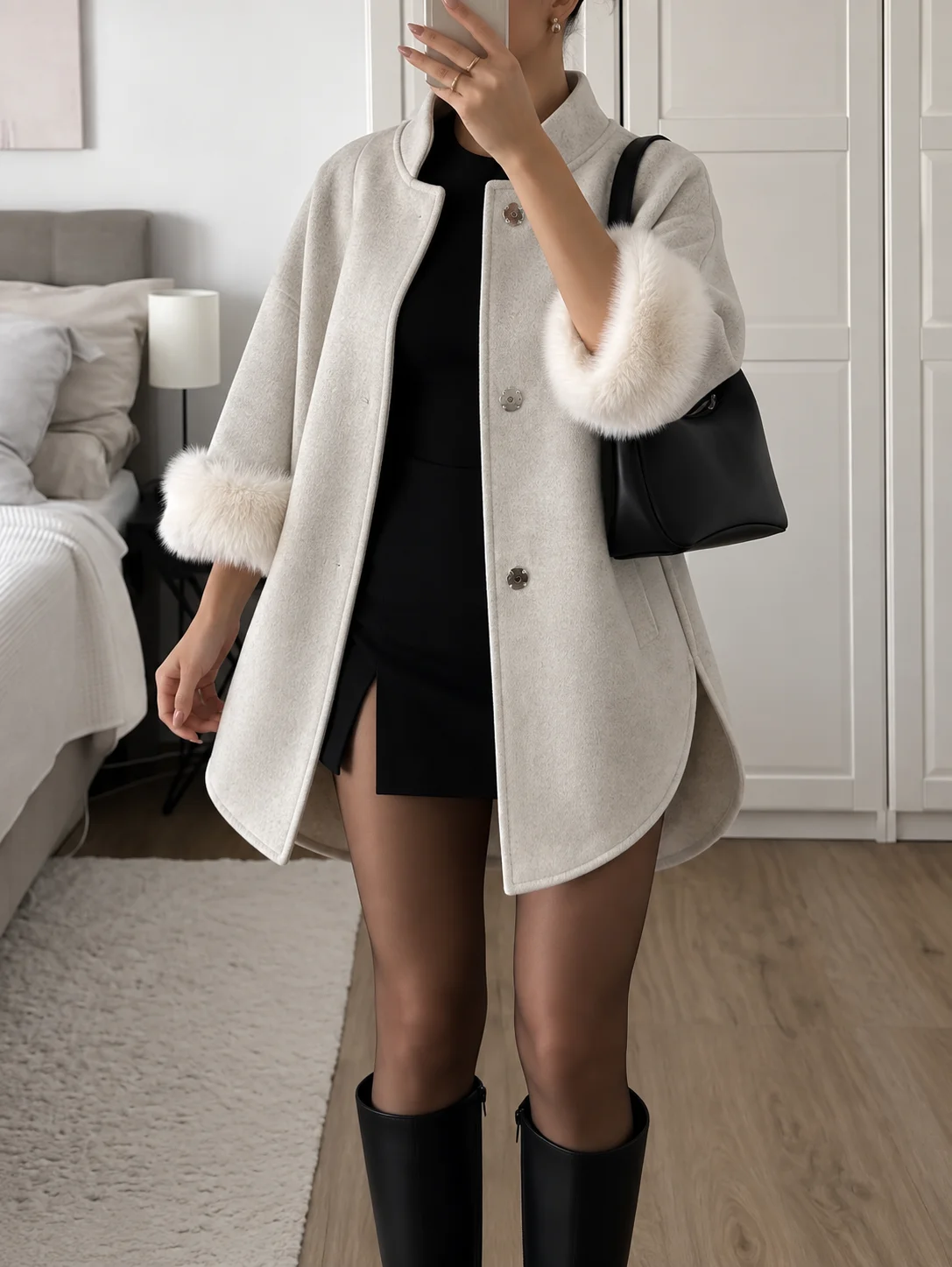 Elegant Wool Blend Coat Women Detachable Faux Fur Collar Cuff Trim Mid Length Loose Warm Gray Chic Winter Outerwear Cape Coat