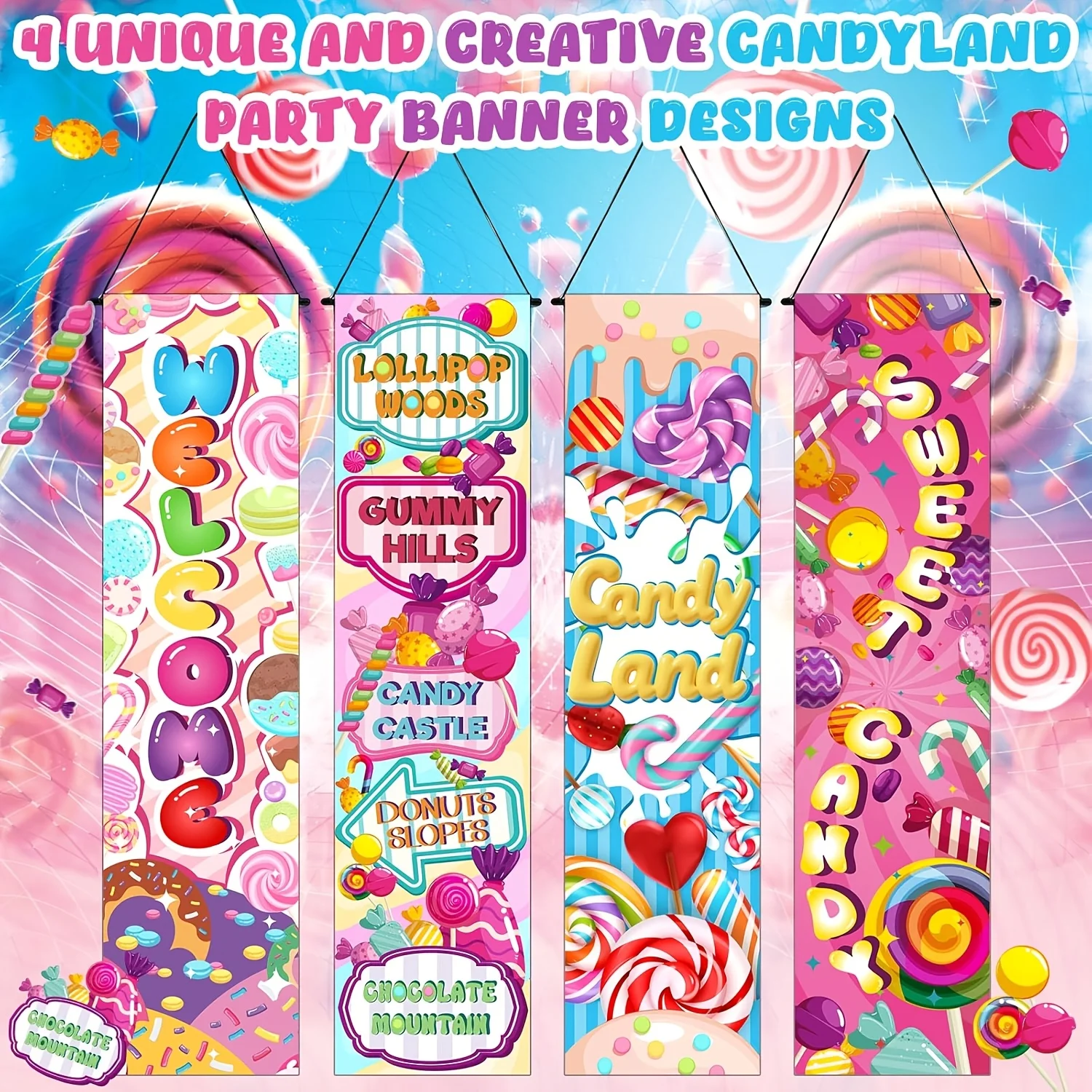 4-Pack Candy Theme Vinyl Backdrop Banners, Colorful Candy Land Decor for Birthday, Room, Entrance & Christmas