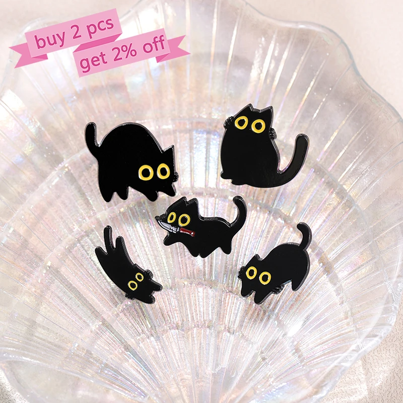 Black Kitten Enamel Pins Custom Cute Cat Brooches Lapel Badges Cartoon Animal Jewelry Gift for Kids Friends