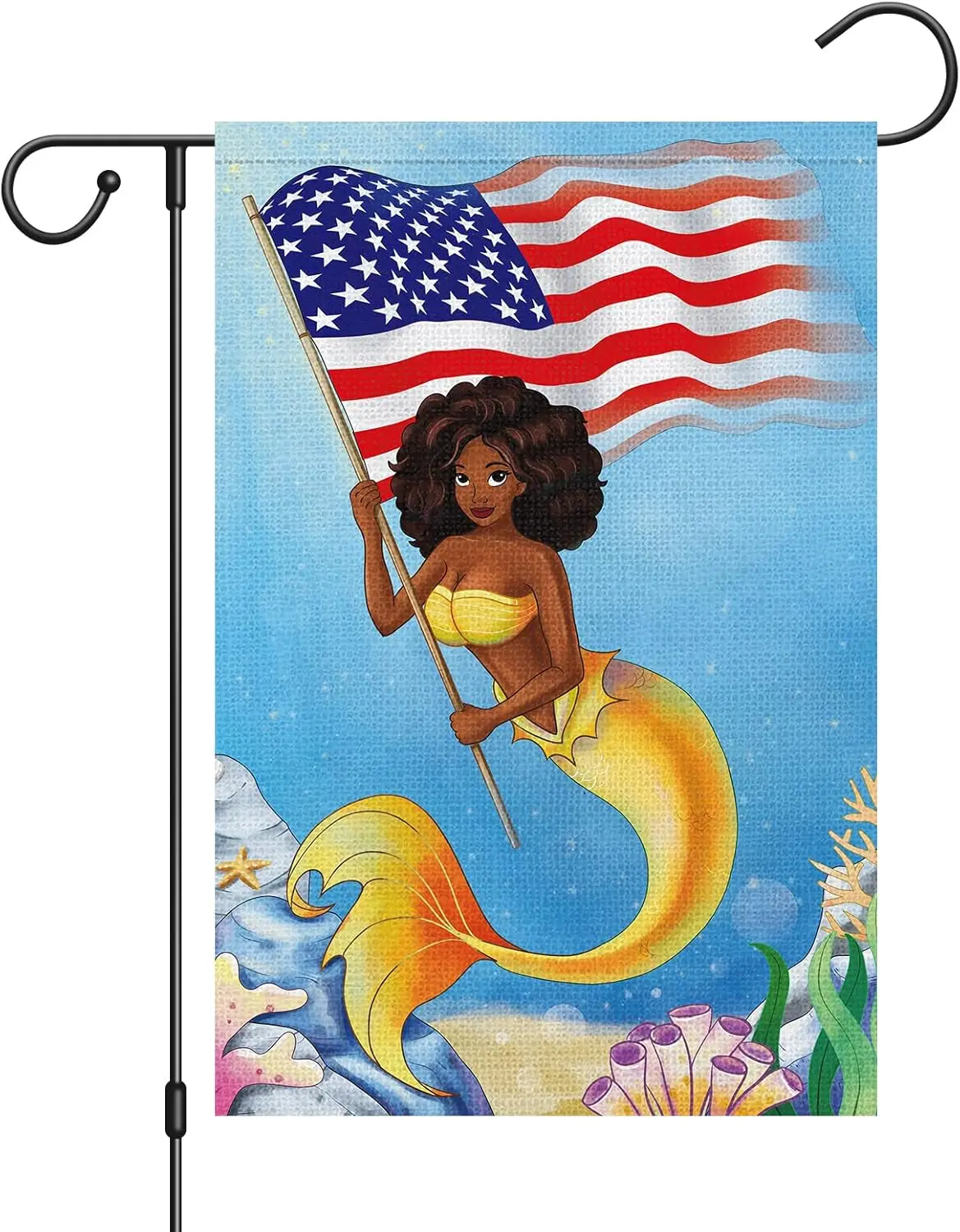 4th of July Patrioctic Garden Flag, Black Women Mermaid Garden Flags,12x18 Inch Double Sided Burlap USA Flags for Memorial Day I