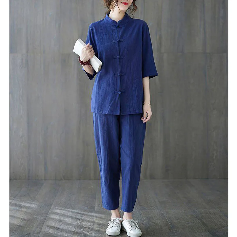 2pcs Buddhist Women's Clothing 2026 Chinese Style Retro Cotton and Linen Zen Tea Clothing Yoga Suit
