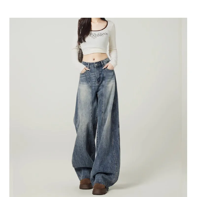 

Vintage Blue High Street Loose Jeans for Women, Autumn Versatile Design High-Waisted Draped Scimitar Pants