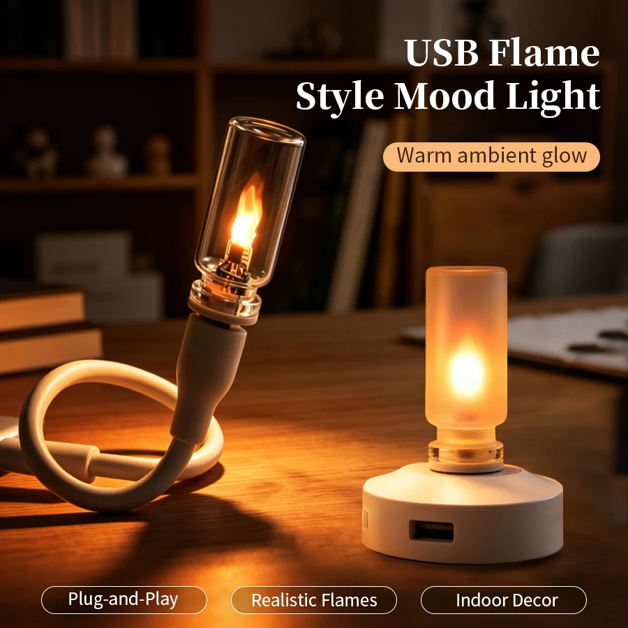 DC 5V USB LED Flame Flickering Candle Bulb Night Light Fire Effect Lamp Clear/Frosted Glass Car Home Decor Atmosphere Lighting