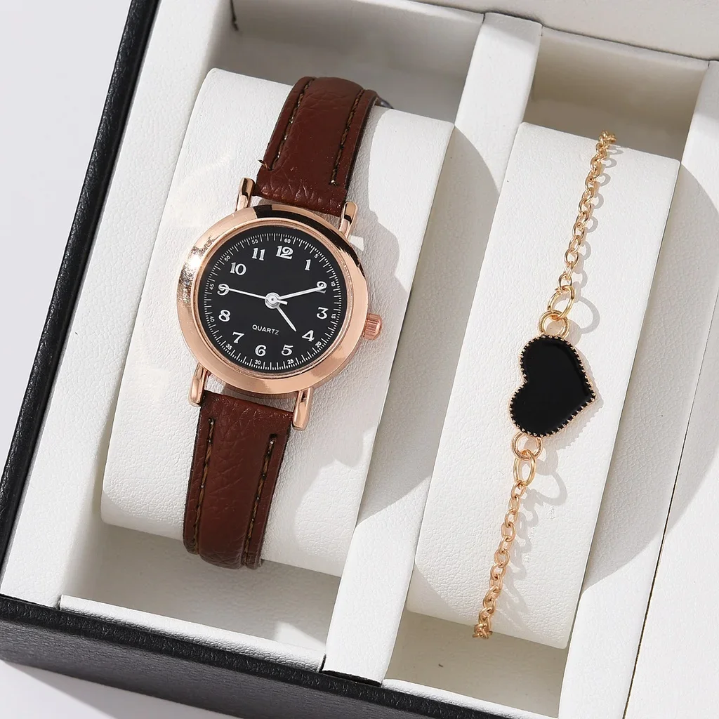 【Free Bracelet】Women's Fashion Casual Leather Watch Strap Quartz Watches Bracelet Two Piece Set