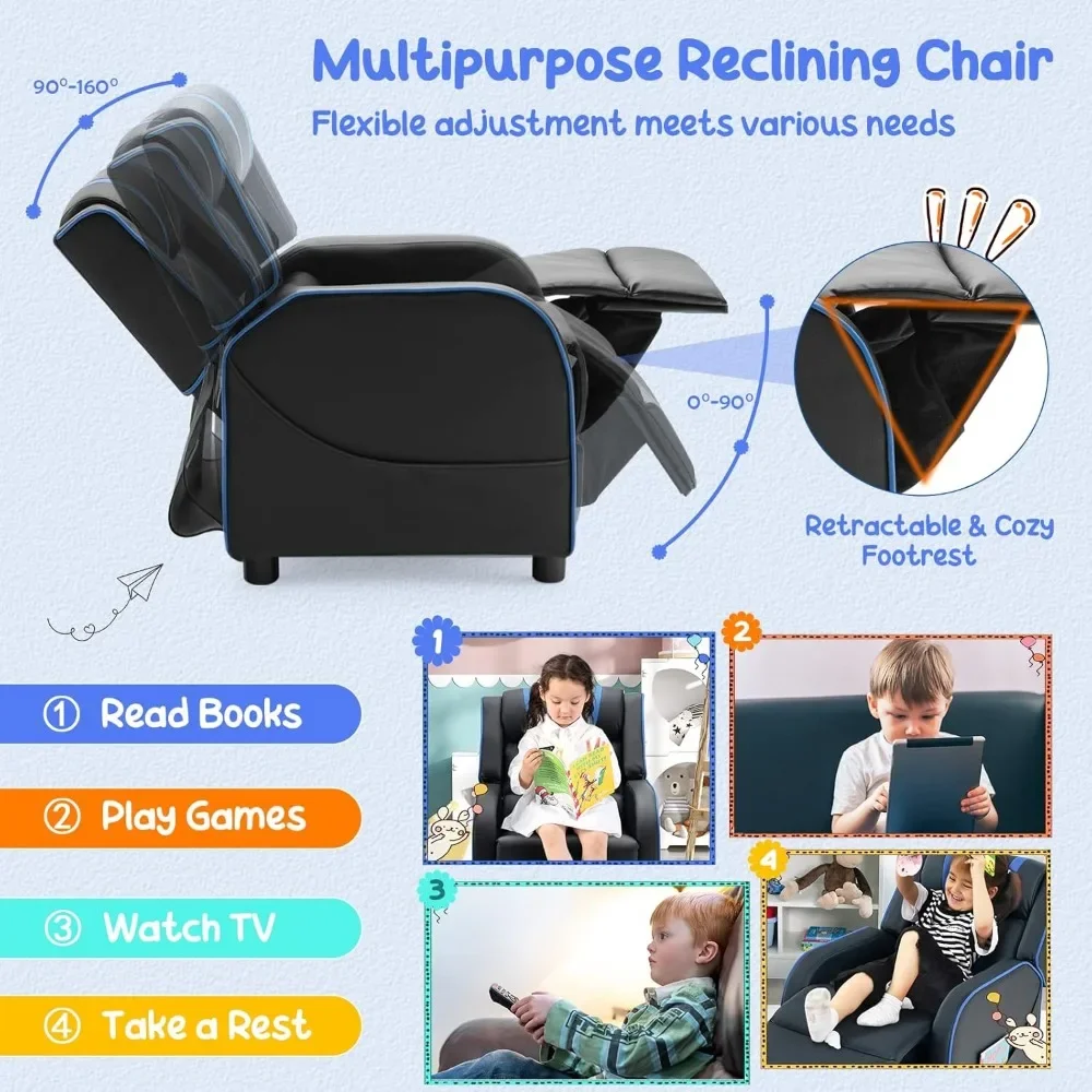 Kids Recliner, Gaming Recliner Chair w/Side Pockets, Footrest, Headrest & Lumbar Support for Kids Room & Play Room