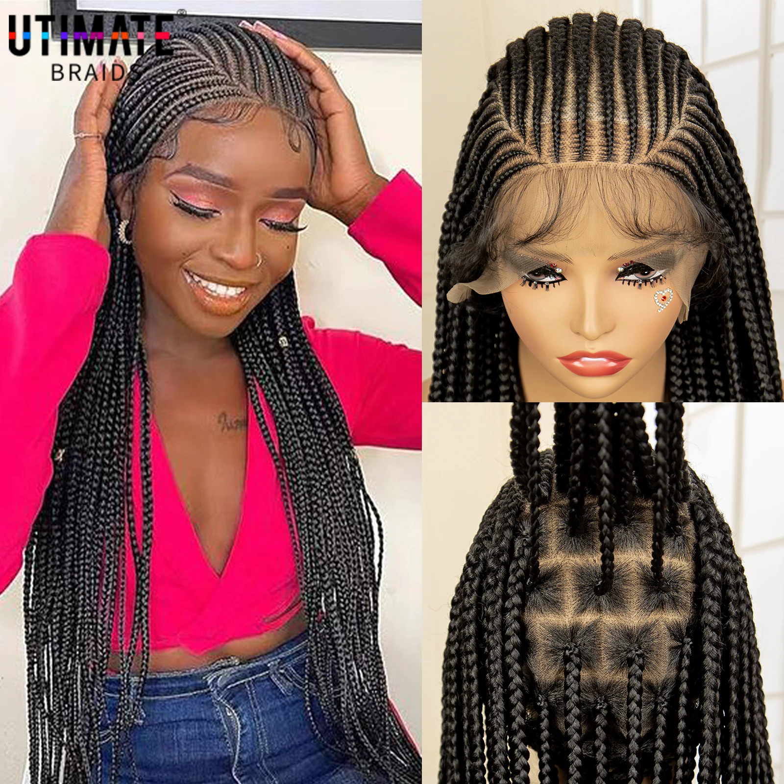 Handmade Synthetic Full Lace Cornrow Knotless Box Braided Wigs with Baby Hair for Black Women 36 Inches Lace Frontal Braids Wigs