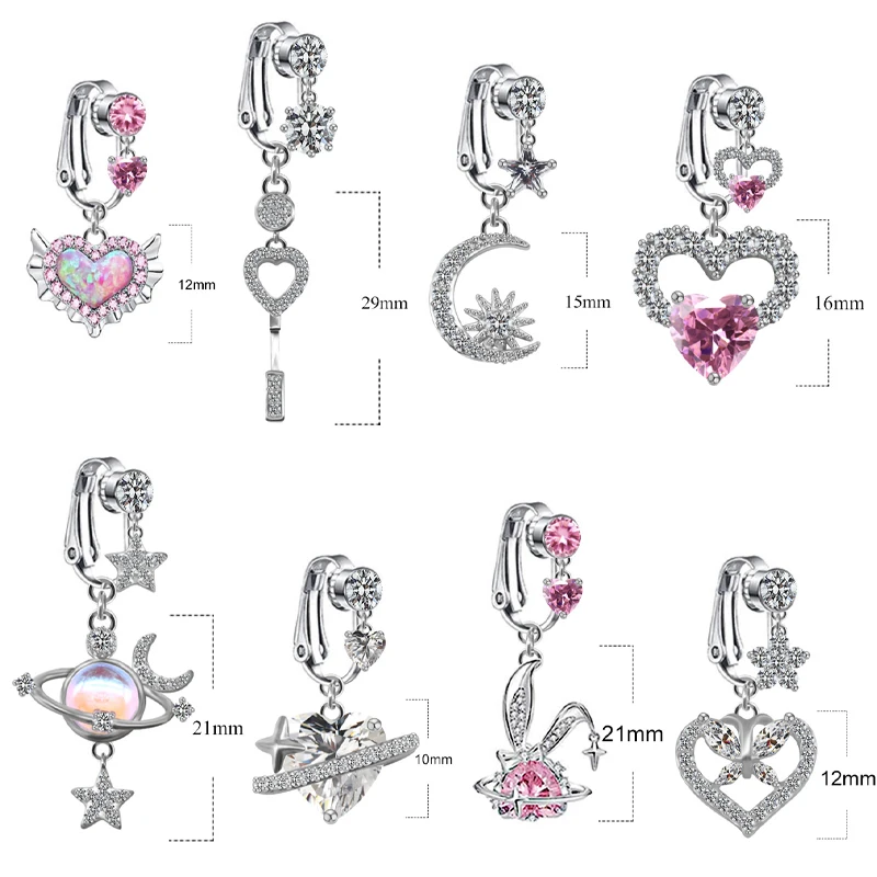 Faux Fake Belly Star Moon Fake Belly Piercing Heart Zircon Clip On Umbilical Navel Non-Piercing Jewelry Earring Clip