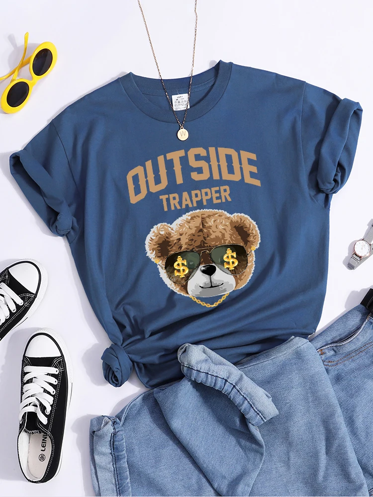 Outside Trapper Rich Cool Teddy Bear Female Tshirts Vintage Casual T-Shirts Fashion Summer Clothing O-Neck Simplicity Clothes