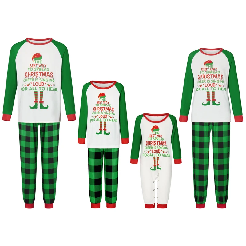 

Family Matching Christmas Pajamas Baby Romper Letter Green Monster Leg Pattern Long Sleeve Tops and Plaid Pants Sleepwear