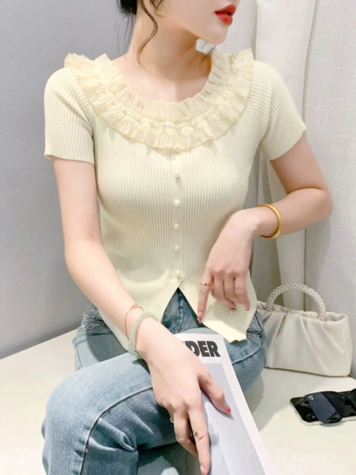 2024 Chic Female T-shirt Spring Summer Solid O-neck Splicing Embroudered Flares Woman S-XL Short Sleeves 3D-decoration Button