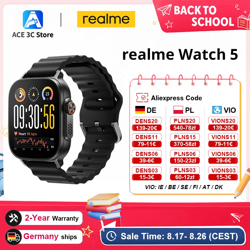 Version mondiale realme Watch 5 Montre connectée Boussole et GPS indépendant avec 5 GNSS Écran AMOLED de 1,97 pouces Autonomie ultra longue pouvant atteindre 14 jours