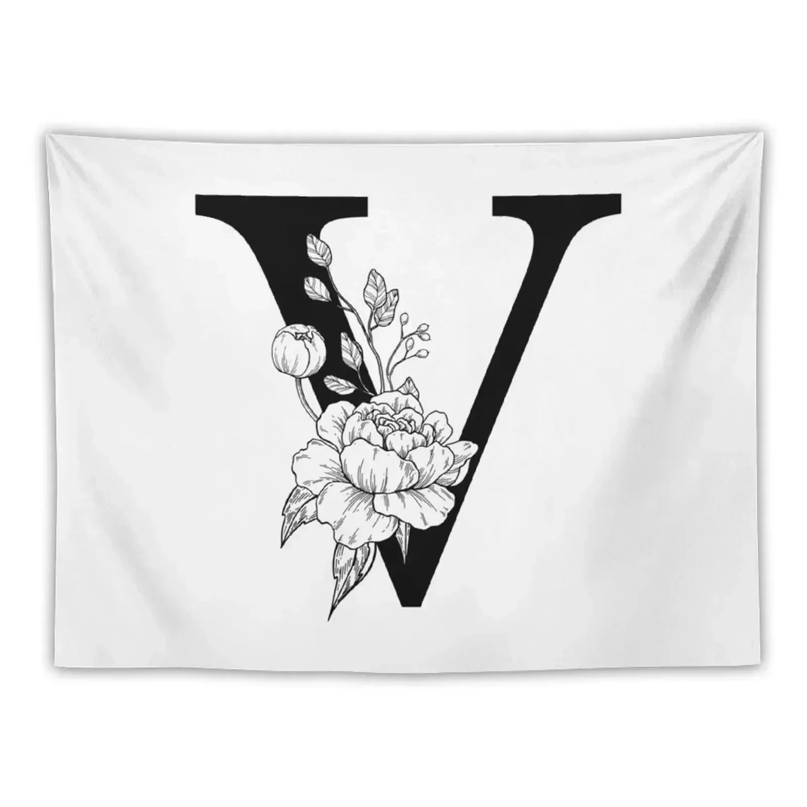 

V Botanical Monogram. Detailed Peony Drawing Tapestry Tapete For The Wall Wall Decoration Wallpaper Bedroom Tapestry