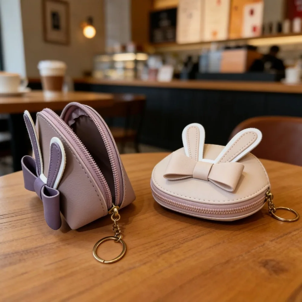 

Cute Bow Mini Wallet Keychain Girl Earphones Change Makeup Bag Storage Bag PU Leather Portable Hanging Bag Accessories Gifts