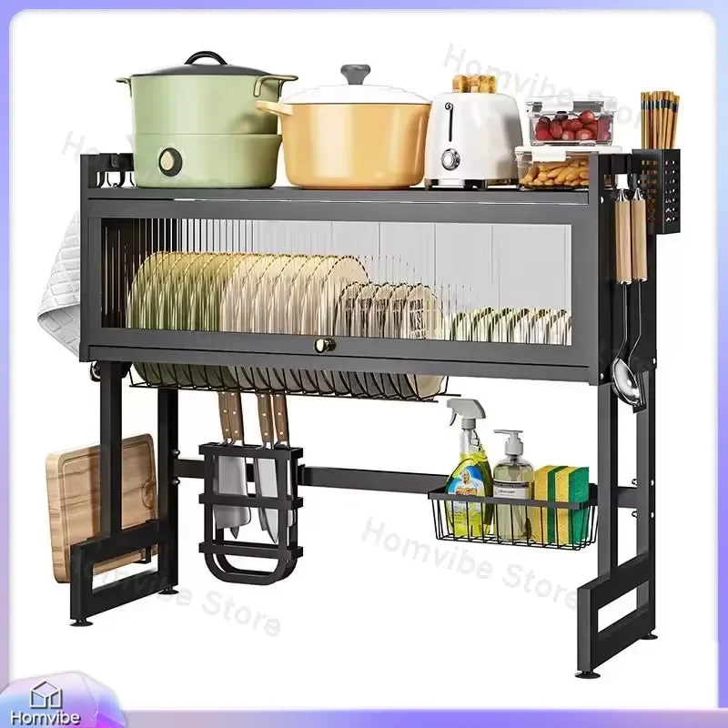 Hot Selling Kitchen Sink Over Counter Dish Drying Rack with Dust Cover Metal Storage Rack Dish Drain Rack Tableware Organizer