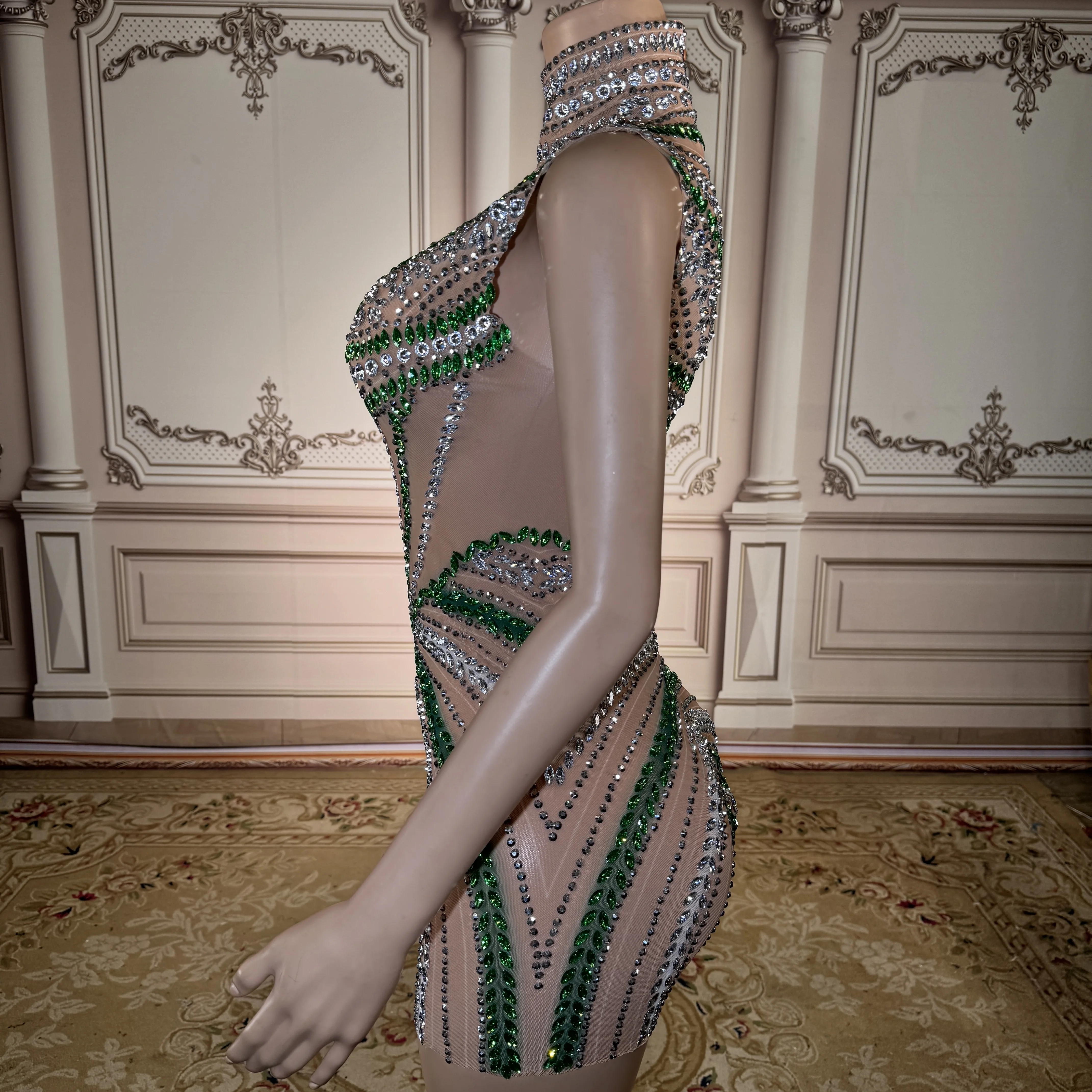 ZD 레드 카펫 이벤트 스팽글 크리스탈 민소매 메쉬 섹시 미니 클럽 드레스 댄스 의상 무도회 공연복