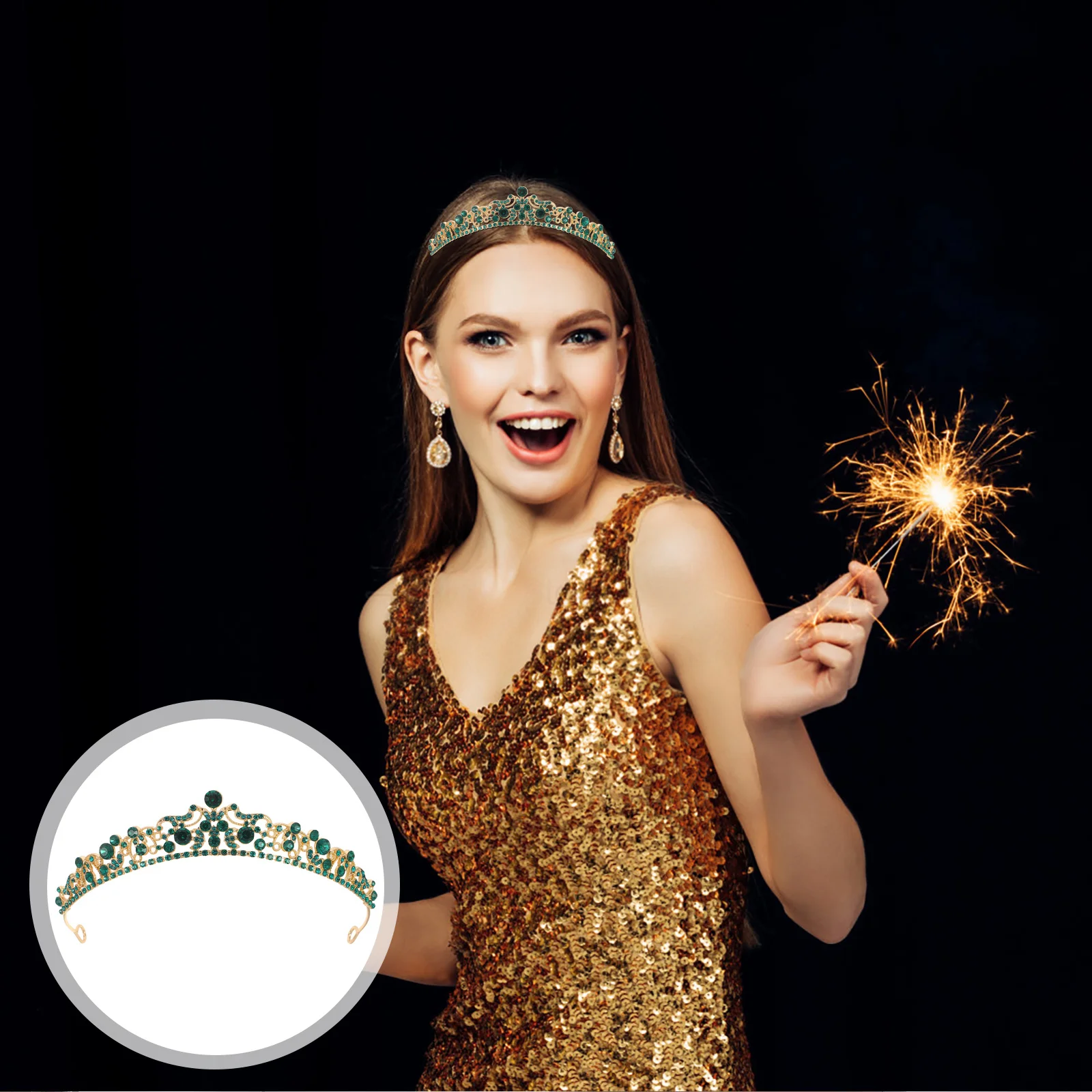 

Bridal Rhinestone Headband Green Crown Headpiece Wedding Hair Accessories Formal Party Celebration Tiara New Arrival