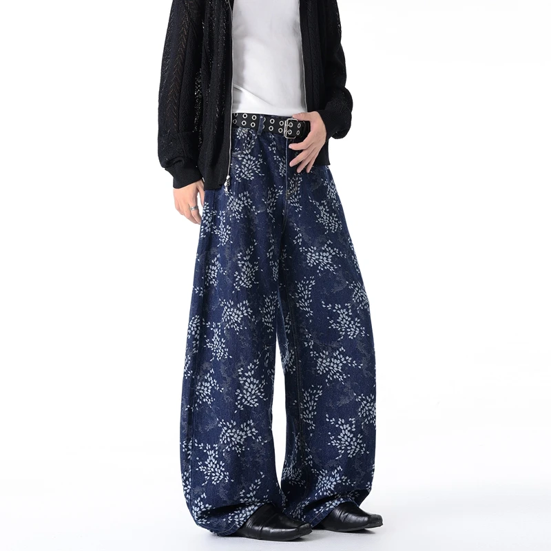 Y2K High Street Allover Jacquard Scimitar Wide Leg Jeans Men Women Vintage Print Baggy Drape Versatile Denim Trousers