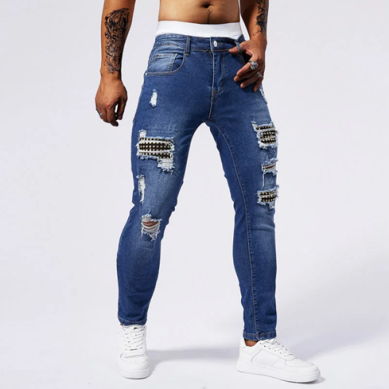 

2024 New Style Worn Ripped Skinny Jeans Men's Fashion Street Trend Patch Design Skinny Stretch Handsome Menswear Trousers