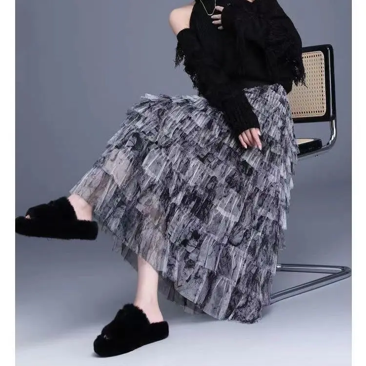 Spring Summer Heavy Work Mesh Cake Skirt Layered Tie Dye Fairy Skirt Personalized a Line Slimming Flared Half Body Skirt