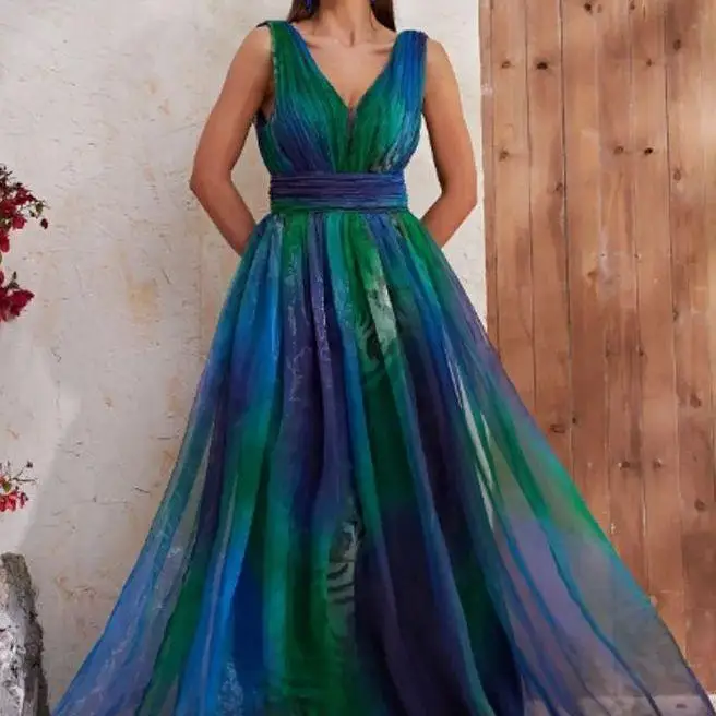 Summer New Women's Deep V Bal Printed Dr High Waist A-Line Long Skirt Svel Dyed tough Head Zipper Closure