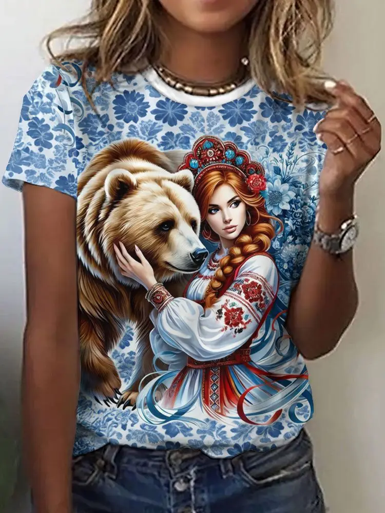 Summer Russian Girl Floral 3D Print T-Shirts Women Casual Round Neck Short Sleeve T Shirt Tees Harajuku Y2K Tops Female Clothing