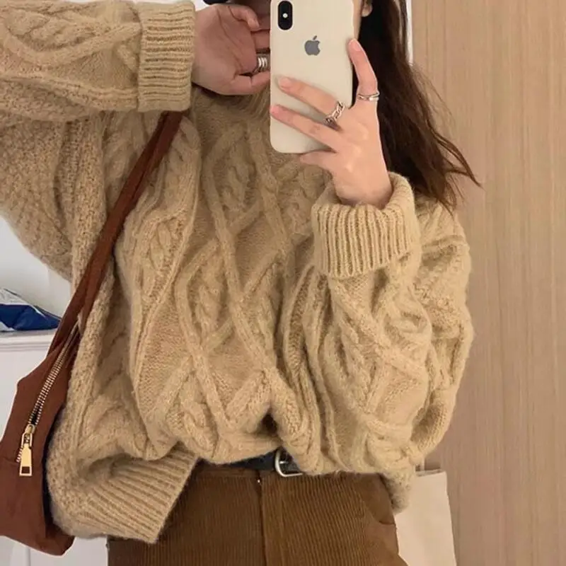 Lockerer Strickpullover für Damen, Rundhalsausschnitt, lange Ärmel, weiche Twist-Strickwaren, Retro-Mädchen-Top, Pullover, Adrette, Herbst und Winter