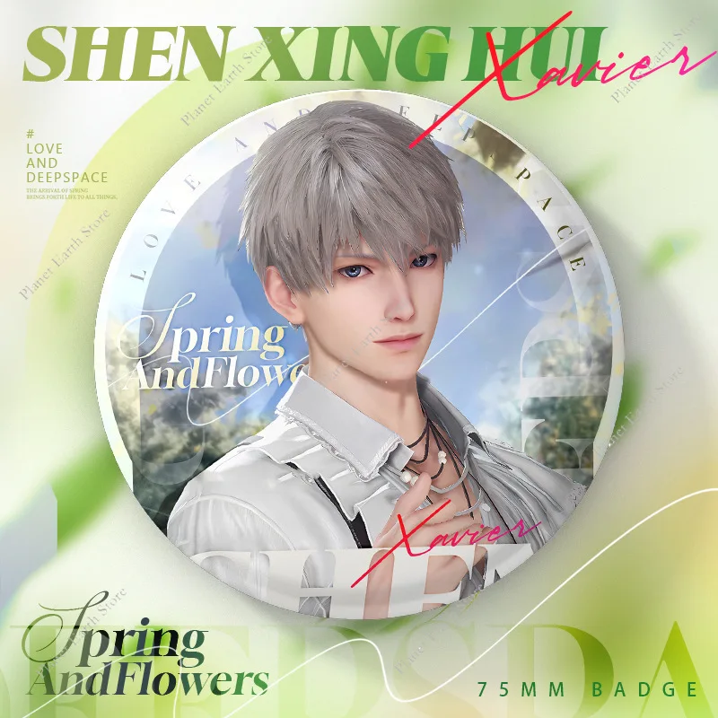 Love and Deepspace Sylus Rafayel Zayne Xavier Caleb Anime Primavera e fiori Spilla con emblema distintivo rotondo da 75 mm Invia carta da collezione
