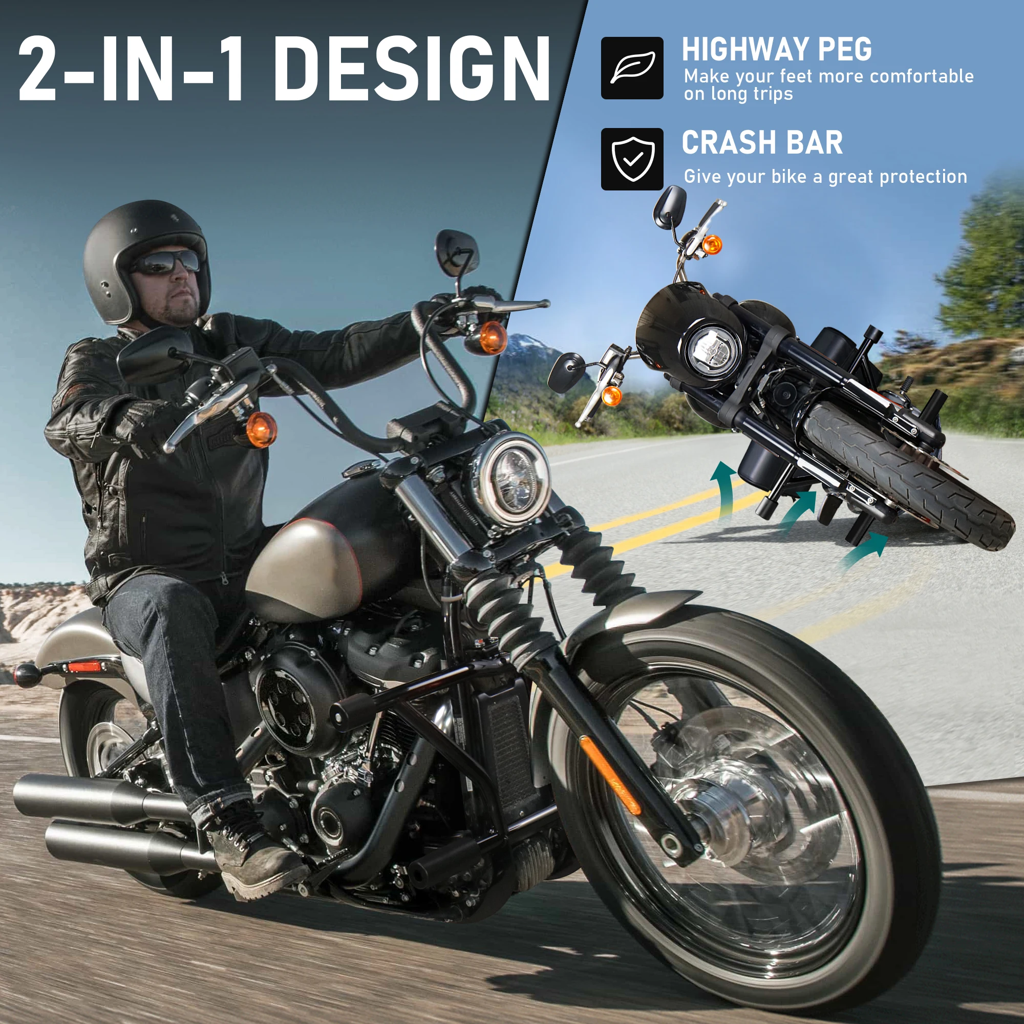 Barra parachoques delantera de dos pasos con clavija de carretera para Harley Softail 2018-2024 Fat Boy Street Bob Low Rider Sport Glide Slim