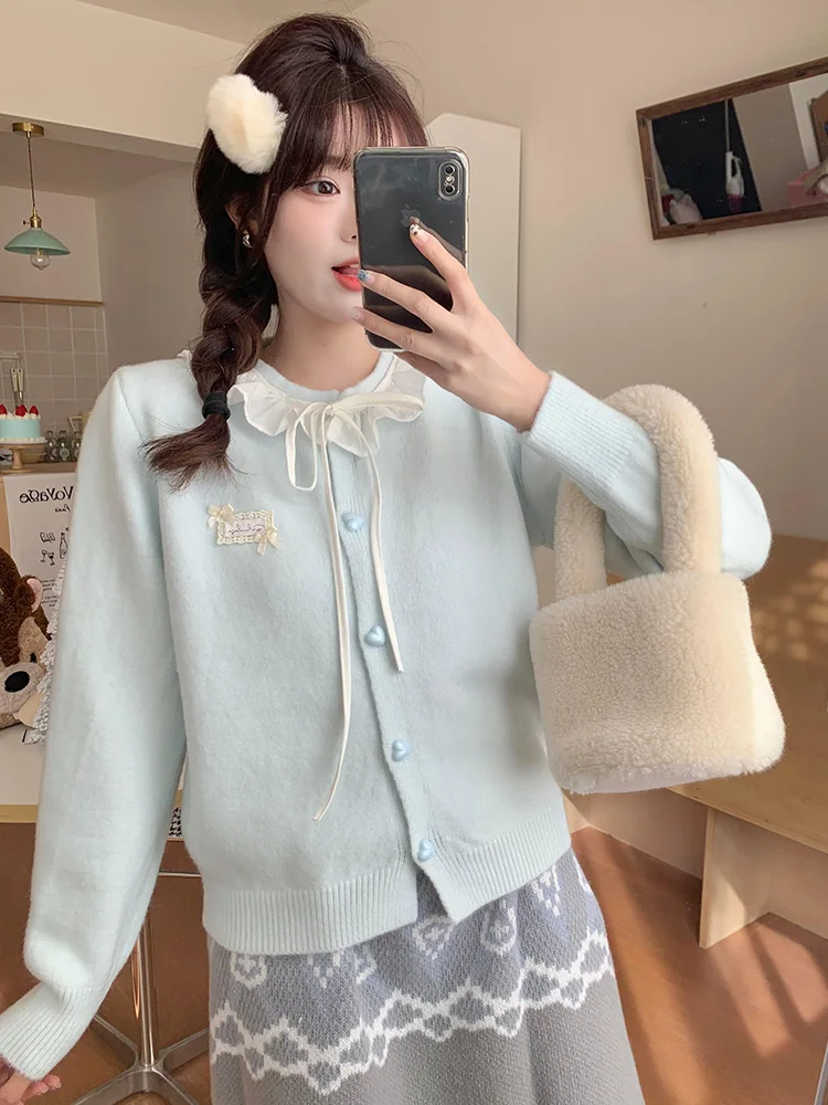 Zoki Ruffles Dolce Cardigan Donna Carino Manica lunga Fiocco Maglioni Stile Preppy O Collo Giappone Kawaii Lettera Lace Up Bottoni d'amore Top