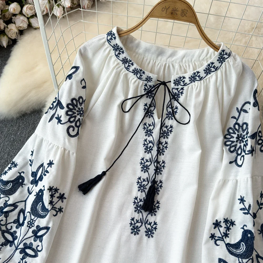 Damen-Bluse im Vintage-Ethno-Stil, Rundhalsausschnitt, lange Ärmel, bestickt, Baumwolle, Hanf, Pullover, lässiges Oberteil für den Herbst