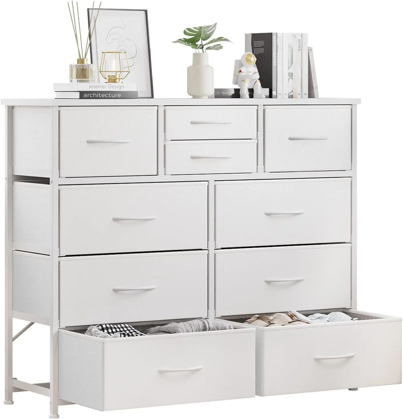 

10-Drawer Dresser, Fabric Storage Dressers Drawers for Bedroom, Hallway, Nursery, Closets, Steel Frame, Wood Top (White)