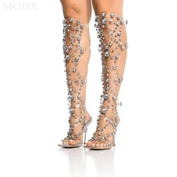 Transparent Crystals Buckle High-heeled Sandal Boots New Rhinestone Gemstones Stiletto Rome Fashion Catwalk Stage Shoe For Women