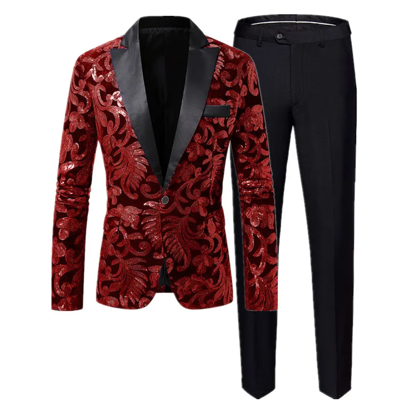 Ensemble blazer et pantalon à paillettes rouges, costumes de fête brillants pour hommes pour mariages, concerts et célébrations festives
