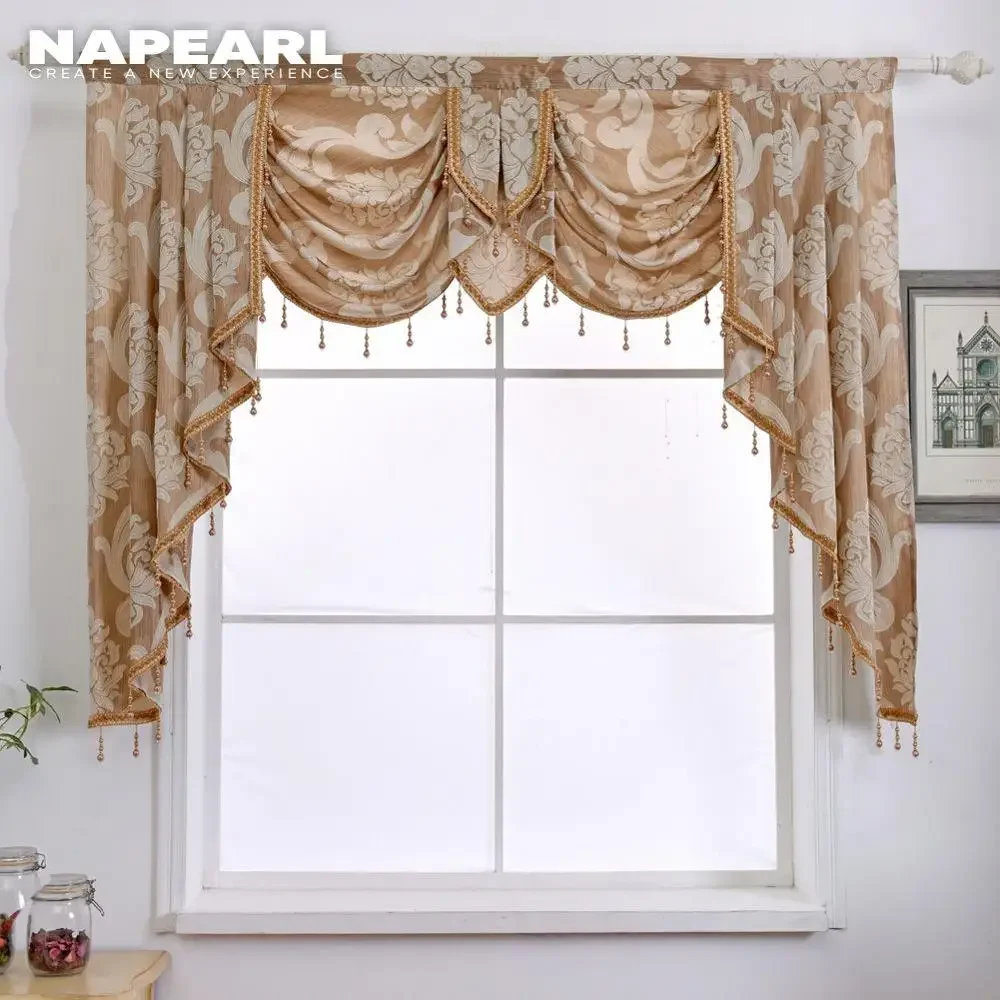 NAPEARL 1 Piece Luxury Beaded Valance Rustic Decorative Window Curtain Home Backdrop Waterfall Drapes for Living Room Ready Made