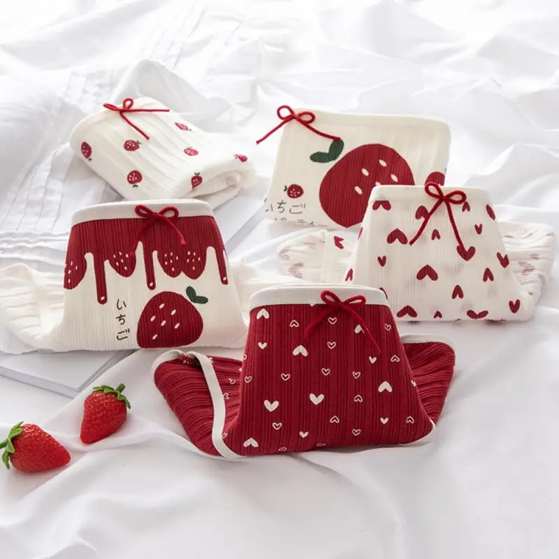 1PC Cotton Panties For Women Lovely Girl Comfort Briefs Strawberry Hearted Printed Underwear Panty Female Underpants Lingerie