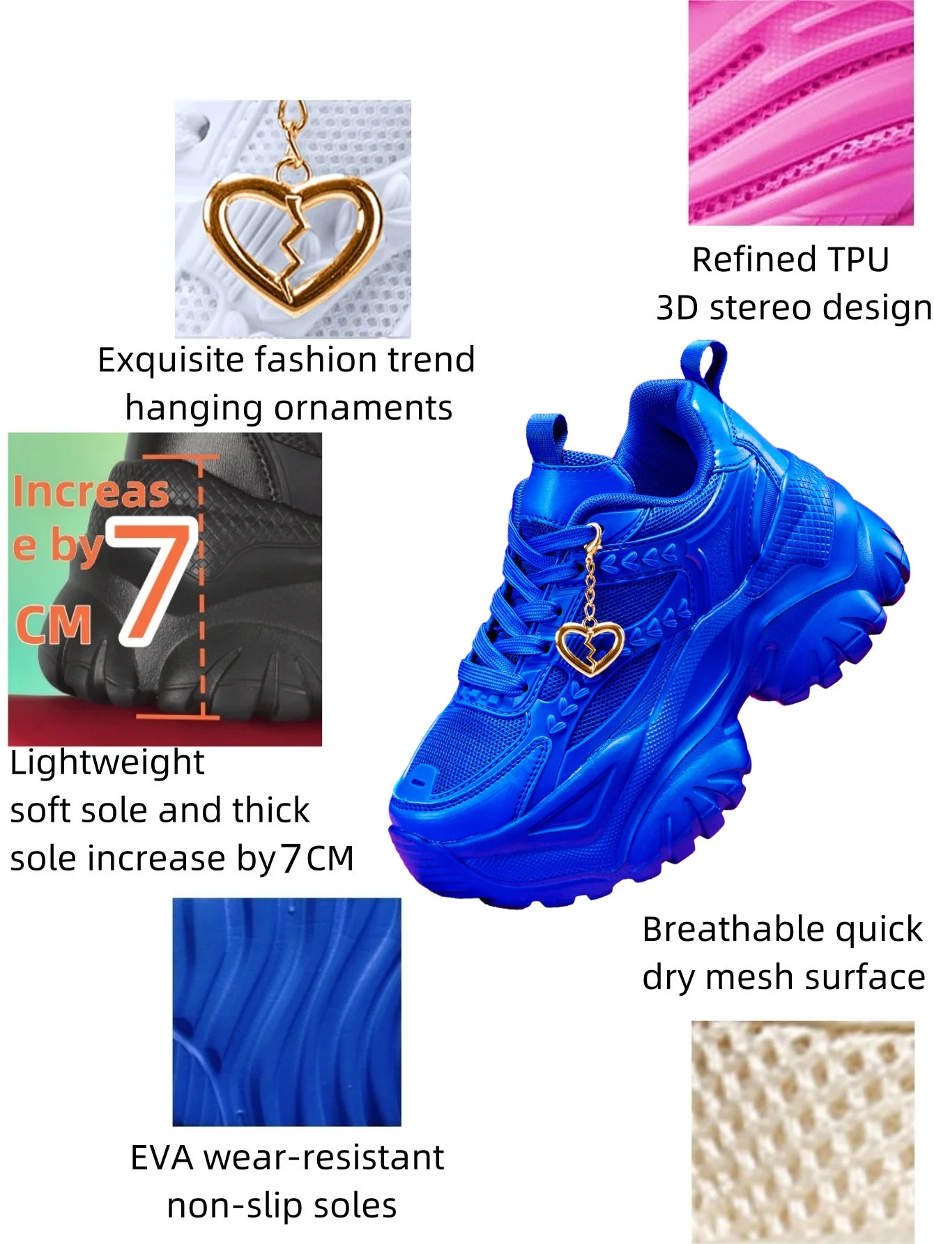 Damen-Sneaker mit 7 cm Erhöhung der Höhe, Outdoor-Mode, Freizeitschuhe mit 3D-DIY-Abnehmbarer Metallgold-Herz-Dekorationskette, Damen-Sneaker mit EVA-Dicksohle, hoher Plattform, blauen hohen Absätzen, leichter weicher Sohle, stoßdämpfend, rutschfeste Laufschuhe, runde Zehenpartie, einfache Schnürung, Edelsteinblau, große Größen für Studenten, Teenager, Campus, Alltag, Dating, Fitness, Arbeit, Büroschuhe, trendige vielseitige Keilabsatz-Sneaker für Damen. – Detail 2