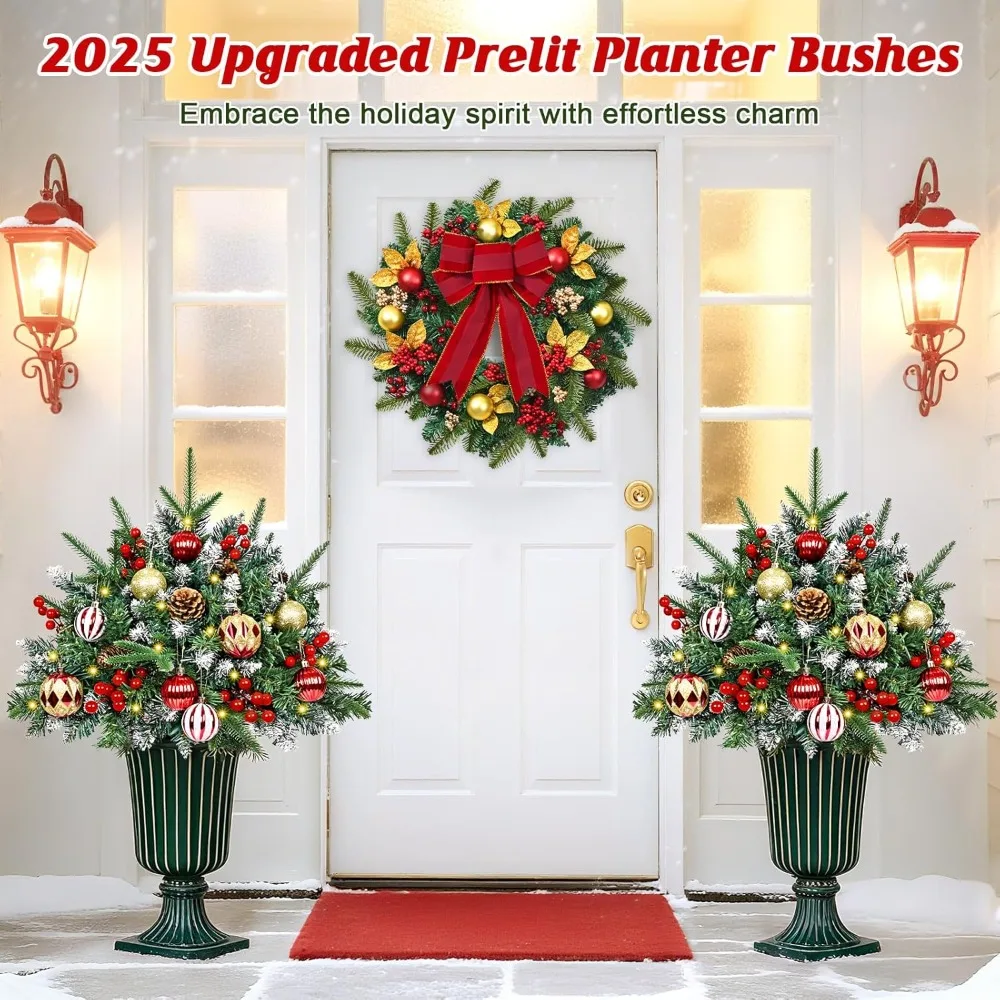 

HOME-2 Pack Christmas Urn Filler Prelit Planter Bushes with 50 LED Lights Pine Cones Red Berries Balls for Outdoor Porch Yard