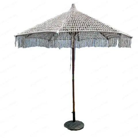 Bohemian Woven Rope Umbrella, Large Outdoor Tassel Sun Shade, Handmade Patio Parasol for Garden Balcony Cafe Decor