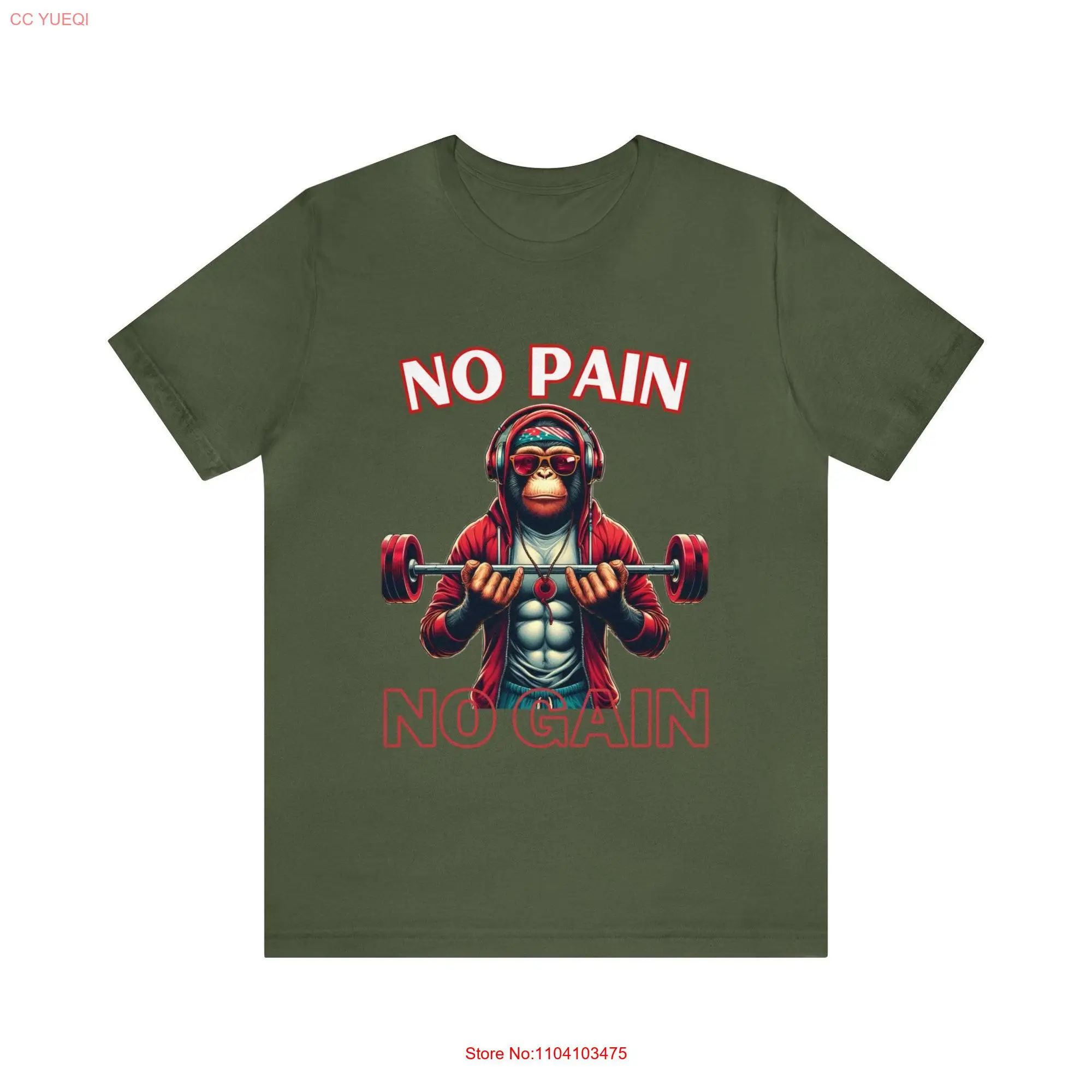 No Pain Gain Work Out Monkey Jersey  T Shirt long or short sleeves