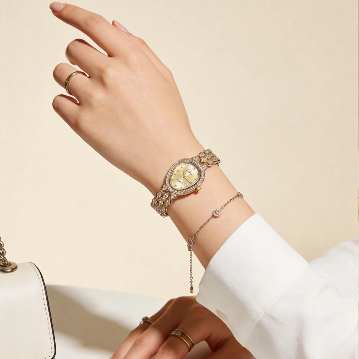 KAIRIS Women's Gold Tone Quartz Watch Crystal Rhinestone Oval Dial Bracelet Wristwatch Elegant Jewelry Watch Gift