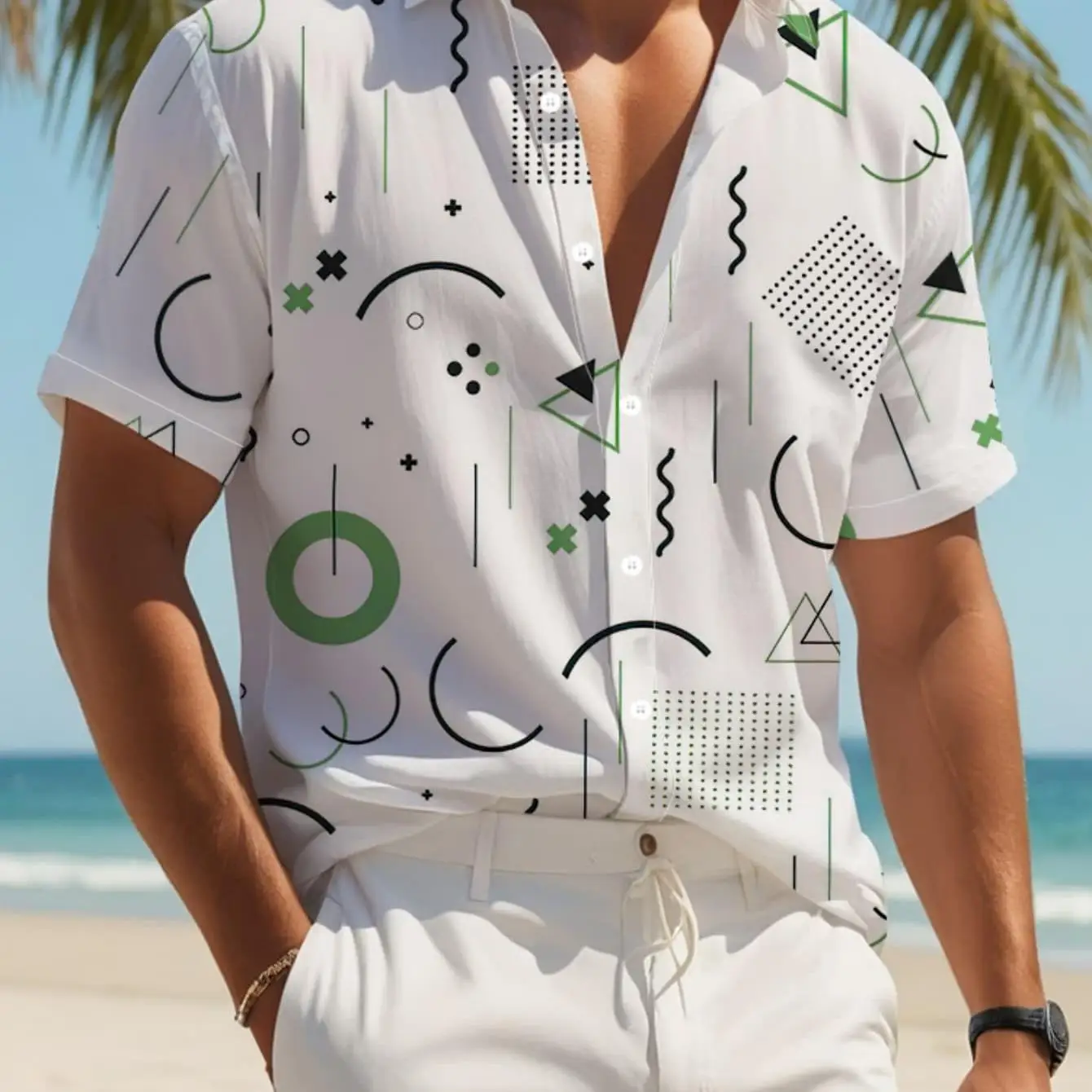 Men's Shirt Geometric Line Shape Print Short Sleeve Lapel Button Shirts Summer Beach Vacation Casual Tops Men Clothing