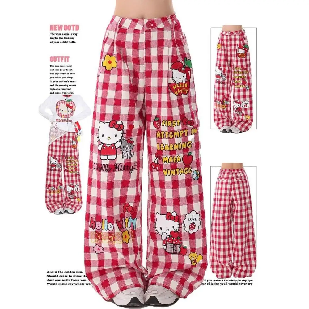 

American Hello Kitty Cat Embroidered Soft Girls Casual Pants for Women Cartoon Large Size Autumn Plaid Splicing Wide-Leg Pants