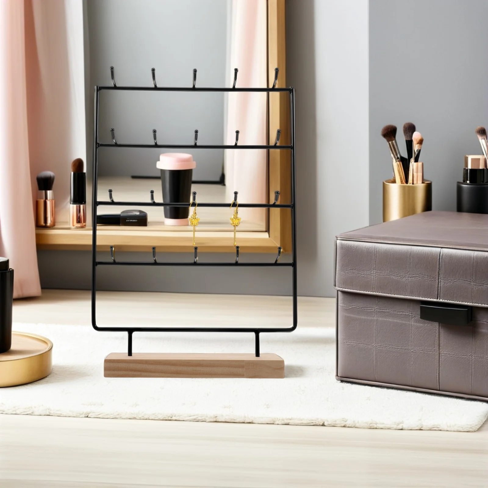 

Iron Wood Earring Display Stand Jewelry Organizer Hooks Vertical Space Saving Bracelet Necklace Holder Jewelry Rack