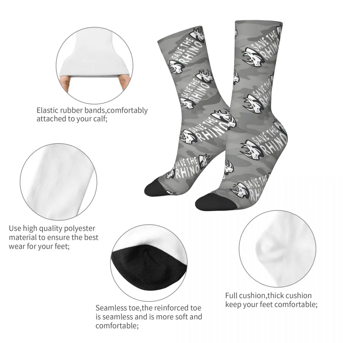 Men's Rhino Pattern Crew Socks, Retro Harajuku Socks, Street Style, Novidade