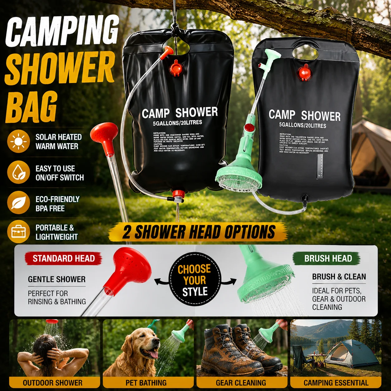 20l Solar Heating Camping Shower Bag Portable Hanging Outdoor Shower Pouch With Adjustable Shower Head For Camping And Hiking