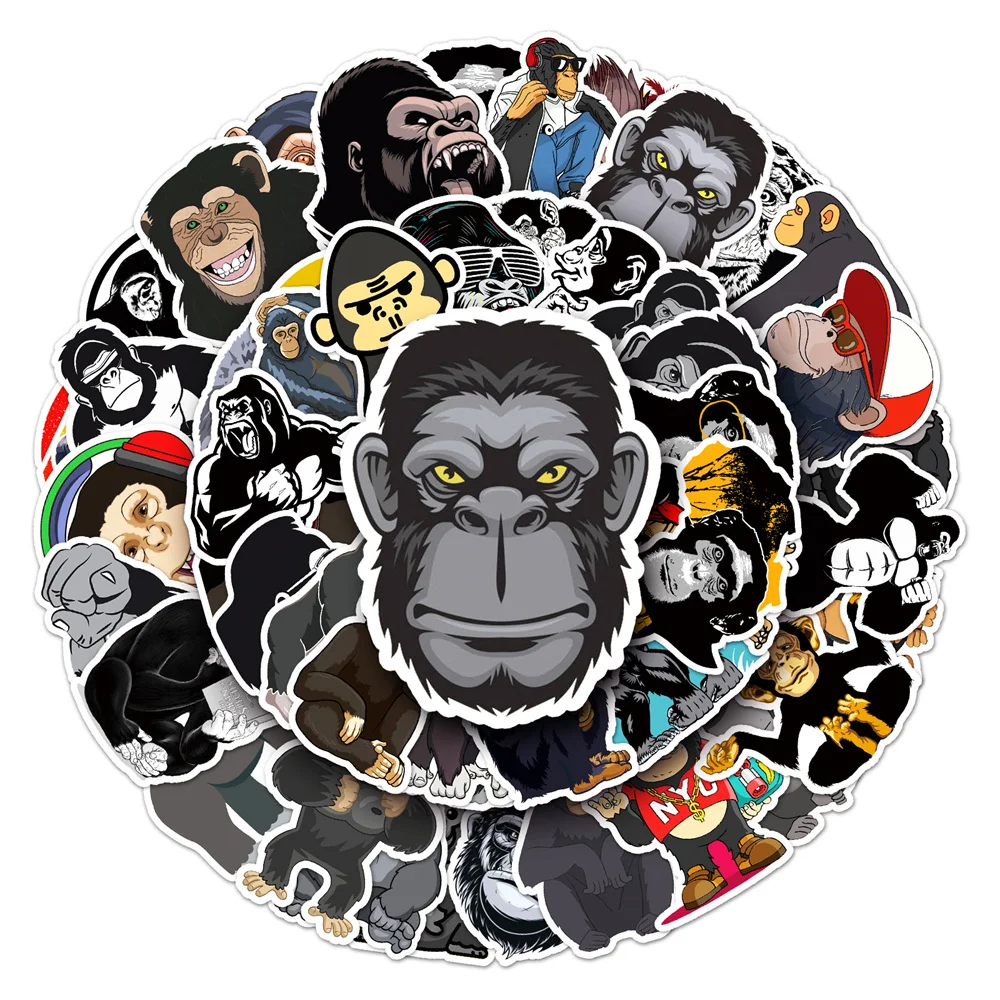 Cartoon Gorilla Chimpanzee Stickers for Scrapbook, Vintage Animal Sticker Pack, Craft Supplies, Stationery, Skateboard, 50Pcs