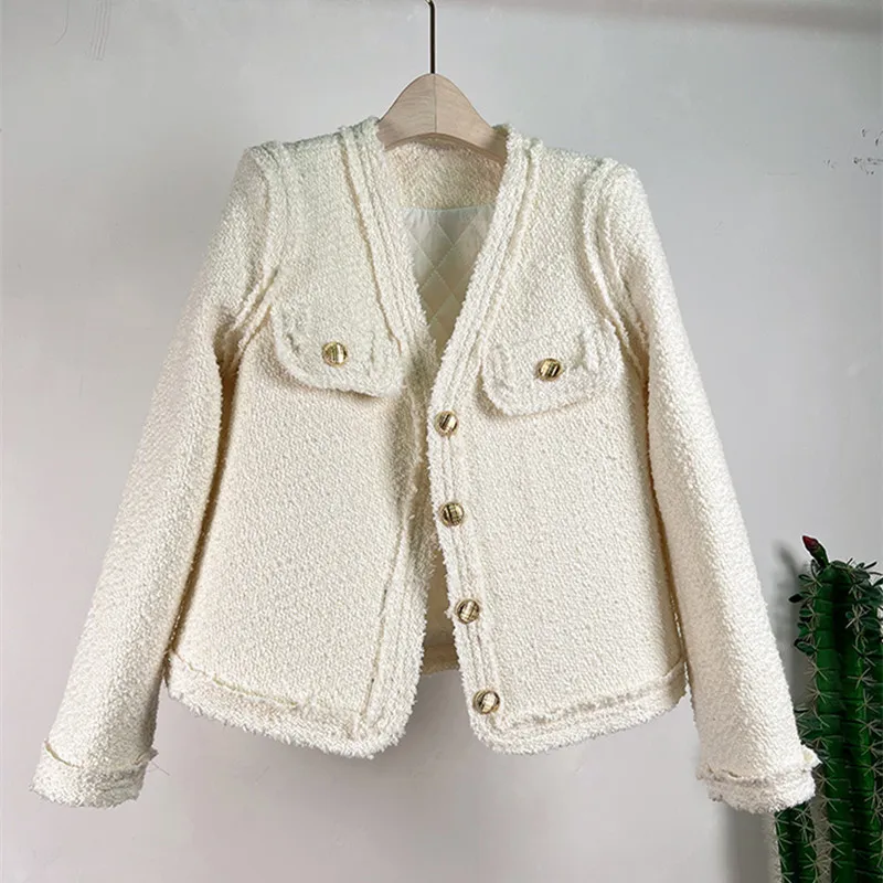 High Quality Tailor Store customize Women's large V-neck braided short coat with fringed edging, webbing tweed top cotton