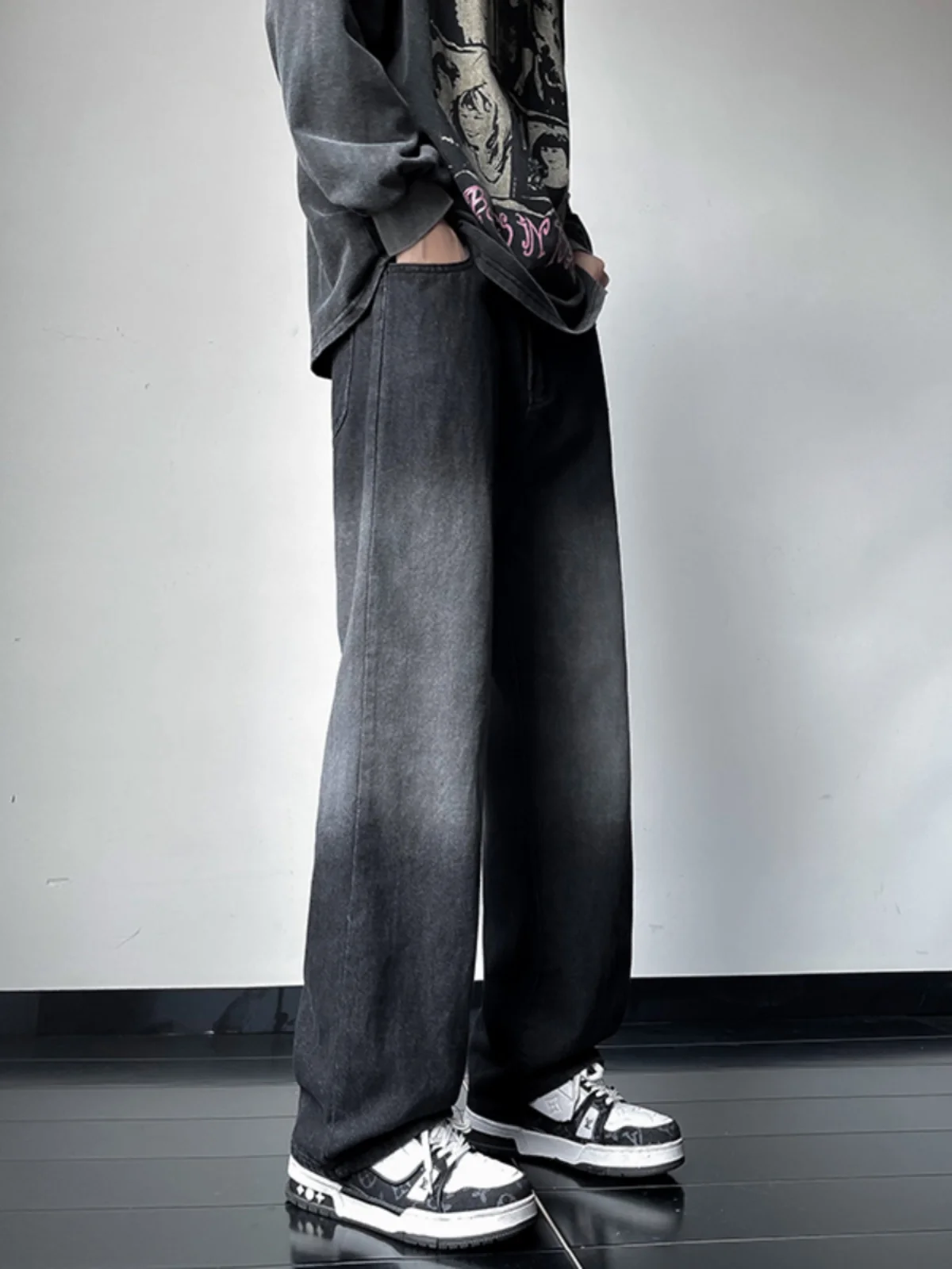 

Graduated Distressed Jeans Loose Straight Casual Men's Long Pants Vintage Trendy Black Leisure Trousers Autumn Season