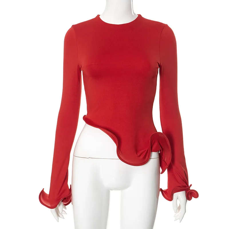 2025 New Summer Women's Autumn 3D Curled Ruffle Edge Round Neck Long Sleeve T-Shirt Streetwear Crew Neck Ladies Fashion Clothing