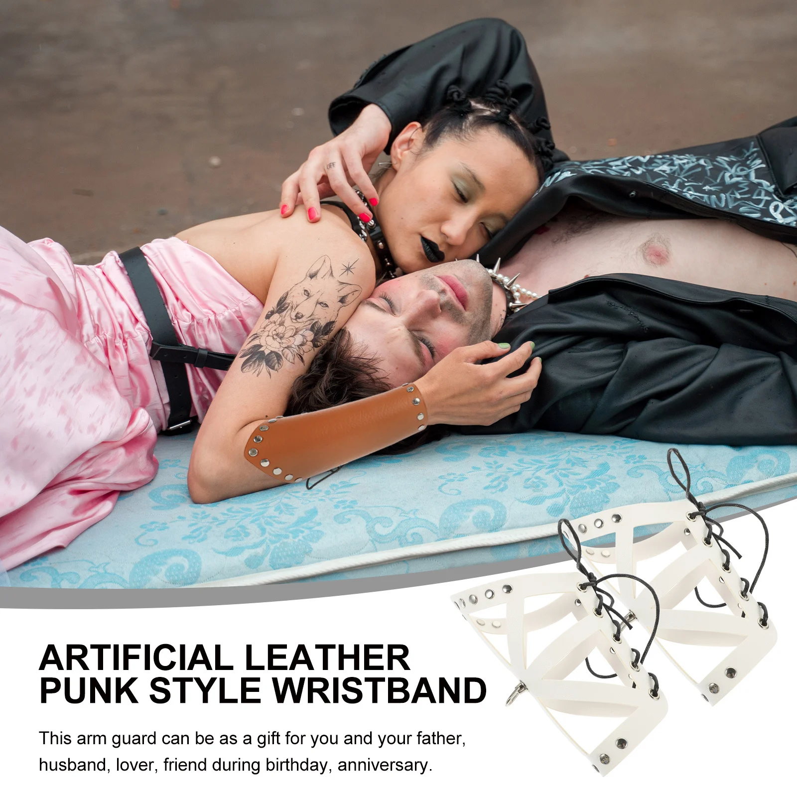 2개 세트 인조 팔 보호대 펑크 스타일 조절 가능한 스트랩 손목밴드 코스프레 의상 액세서리 팔찌
